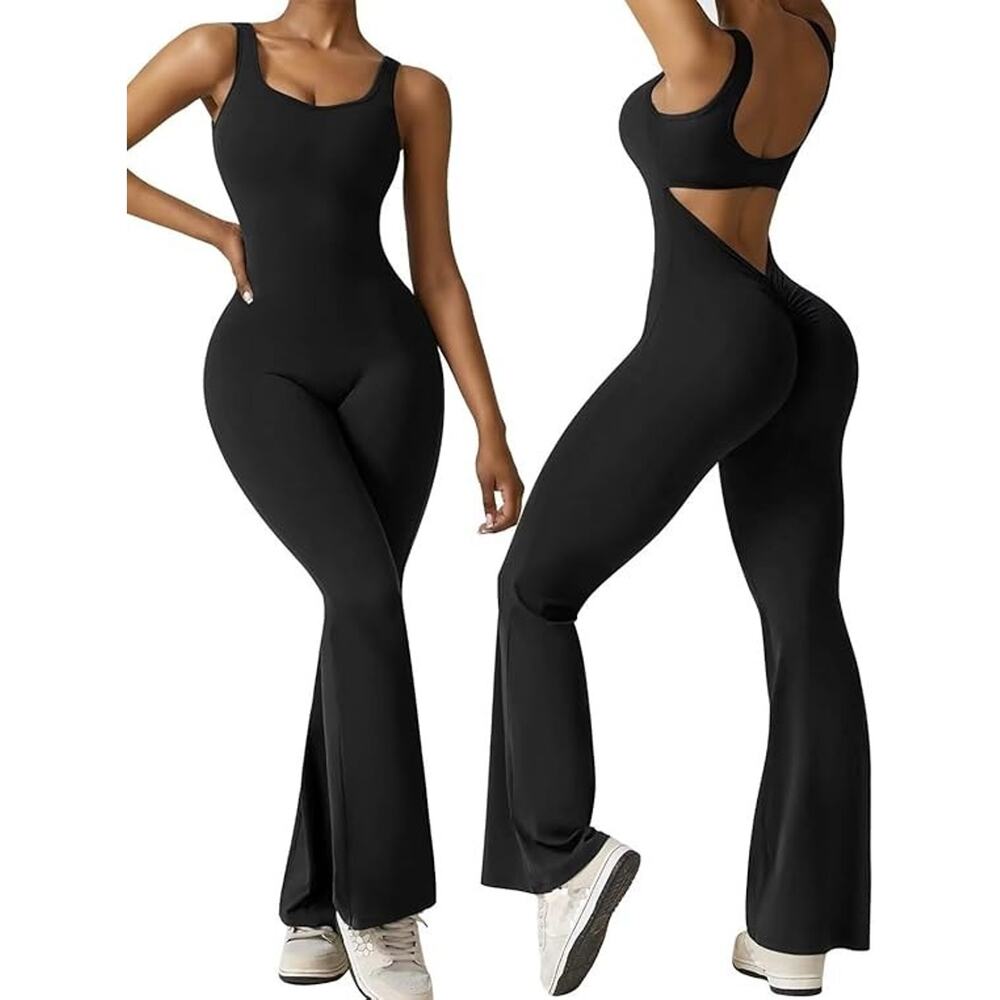 Vertvie Sleeveless Flare Jumpsuit Women's S Black Backless Bodycon Seamless NWT